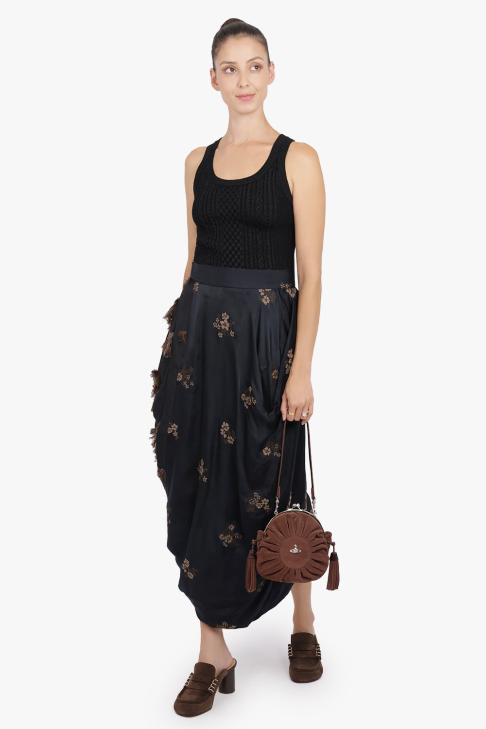 UMA WANG RTW Gink Floral Embroid Asymmetric Midi Skirt | Black/Tan
