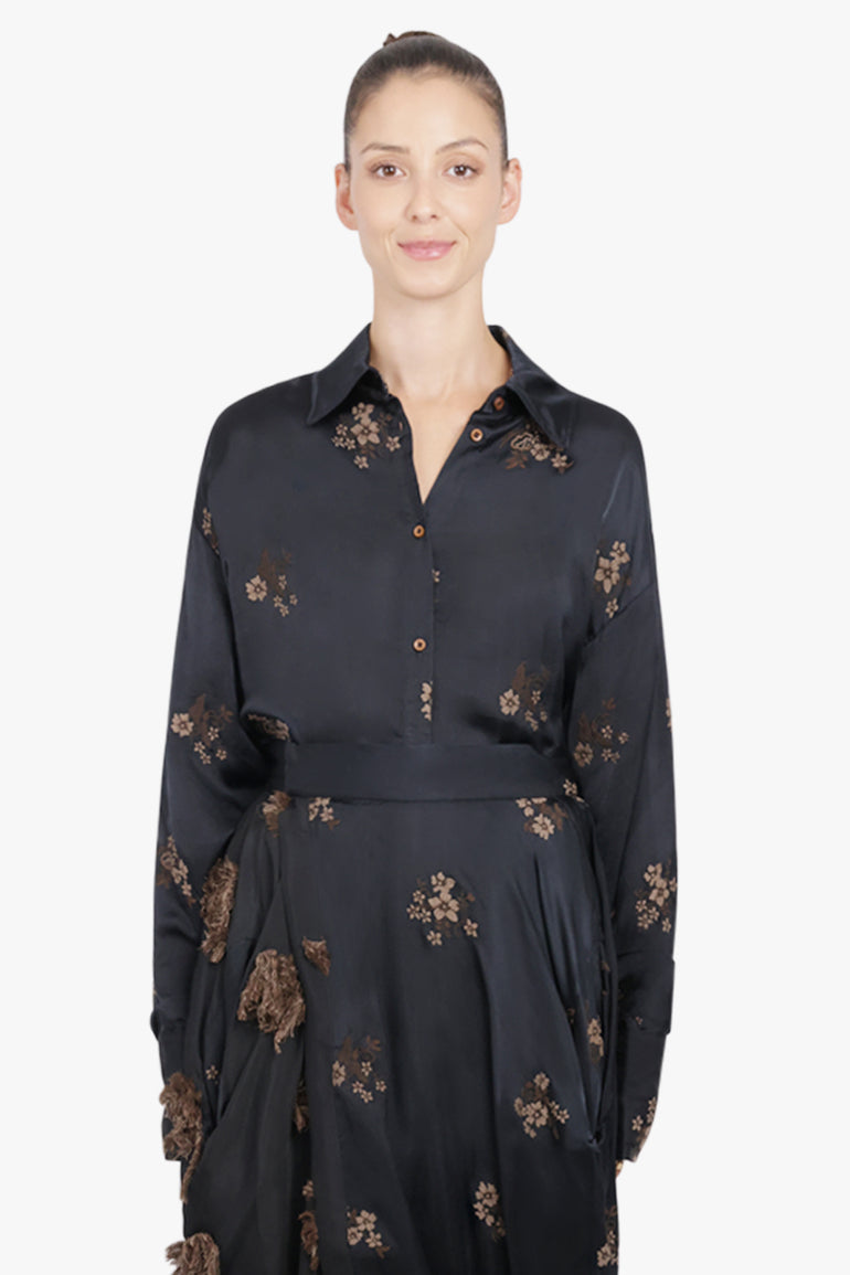 UMA WANG RTW L/S Tubby Floral Embroid Tie Neck | Black/Tan