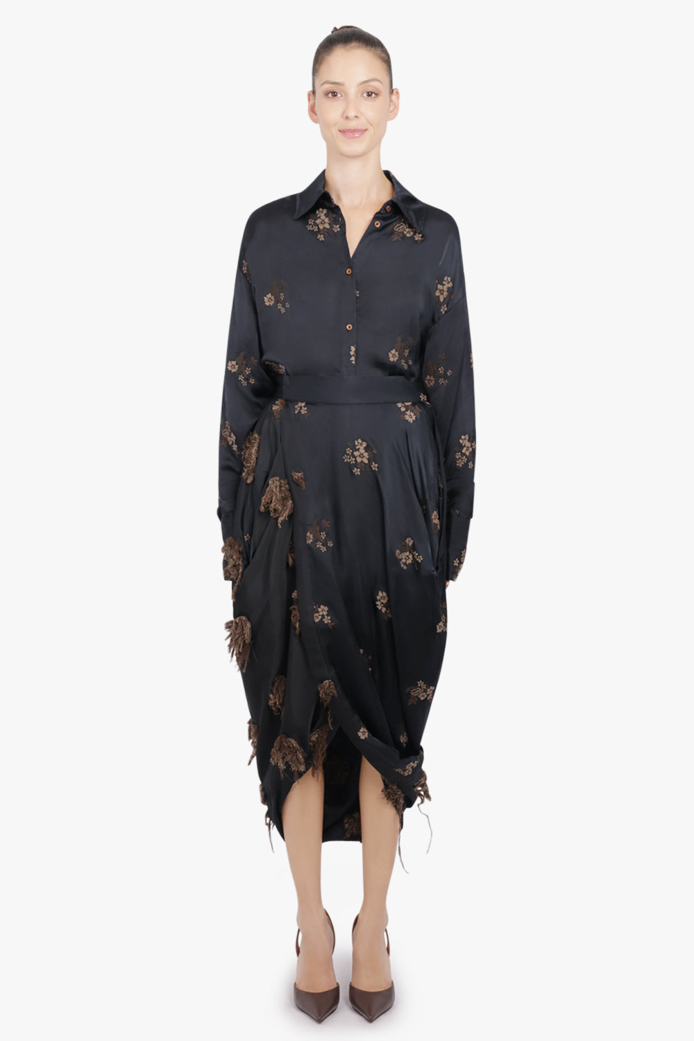 UMA WANG RTW L/S Tubby Floral Embroid Tie Neck | Black/Tan