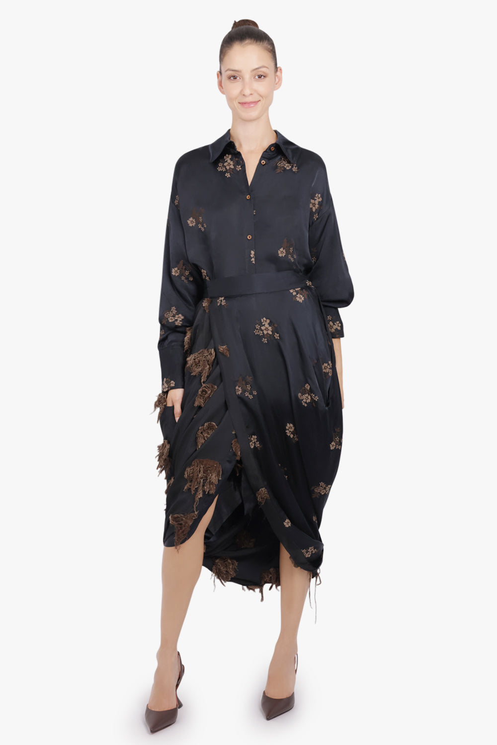 UMA WANG RTW Gink Floral Embroid Asymmetric Midi Skirt | Black/Tan
