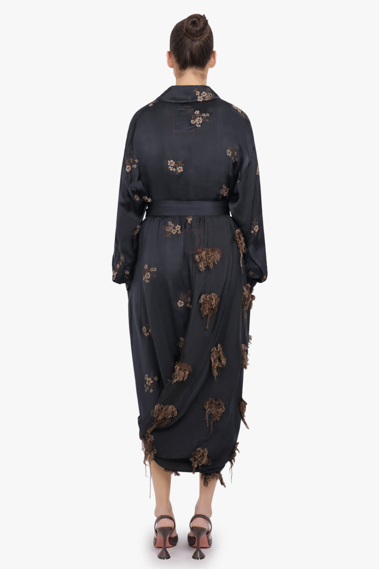UMA WANG RTW L/S Tubby Floral Embroid Tie Neck | Black/Tan