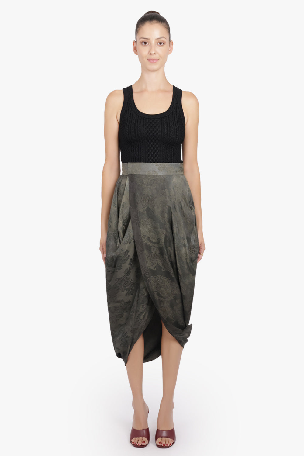 UMA WANG RTW Gink Floral Print Asymmetric Midi Skirt | Dark Green