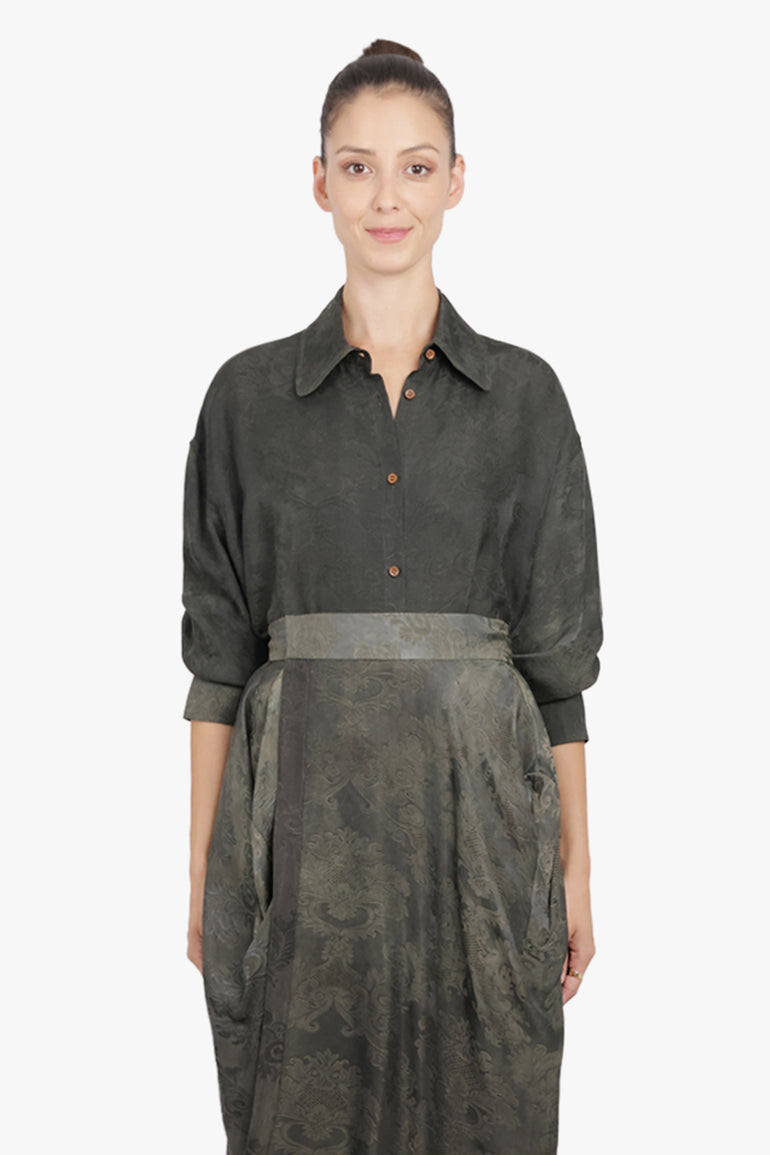 UMA WANG RTW L/S Tubby Floral Print Tie Neck | Dark Green