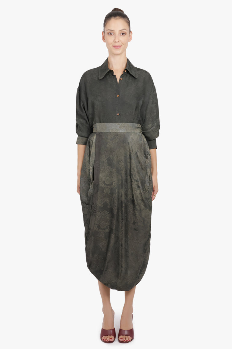 UMA WANG RTW L/S Tubby Floral Print Tie Neck | Dark Green