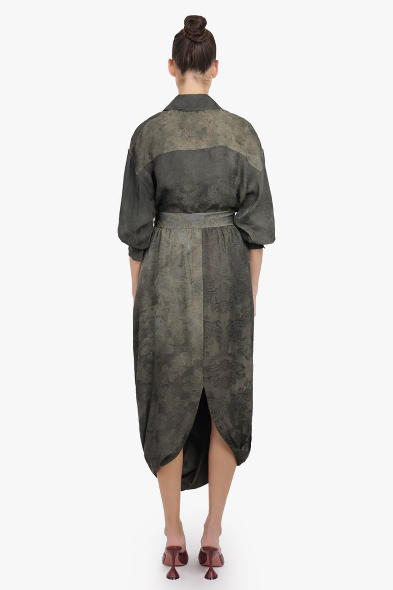 UMA WANG RTW L/S Tubby Floral Print Tie Neck | Dark Green