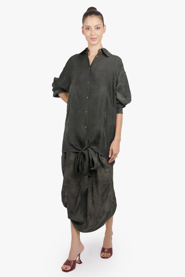 UMA WANG RTW L/S Tubby Floral Print Tie Neck | Dark Green