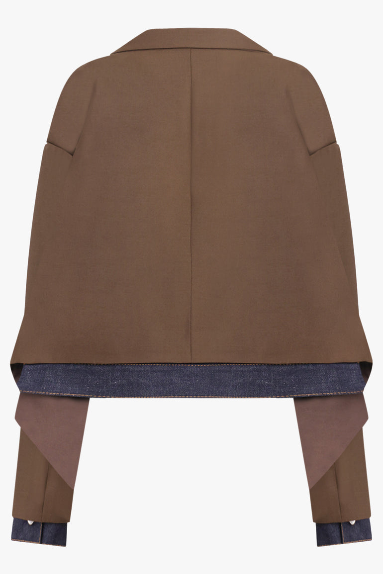 SACAI RTW Suiting X Denim Oversize Double Breast Jacket | Brown/Indigo