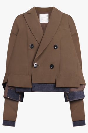 SACAI RTW Suiting X Denim Oversize Double Breast Jacket | Brown/Indigo