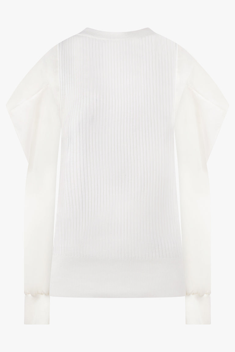 SACAI RTW L/S Silky X Knit Pullover With Tiered Flutter Sleeves | Off White