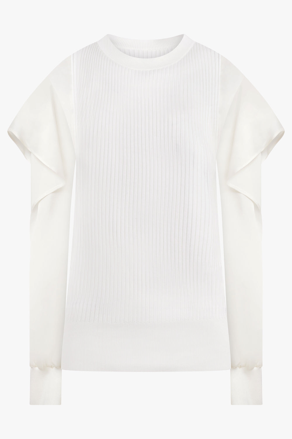 SACAI RTW L/S Silky X Knit Pullover With Tiered Flutter Sleeves | Off White