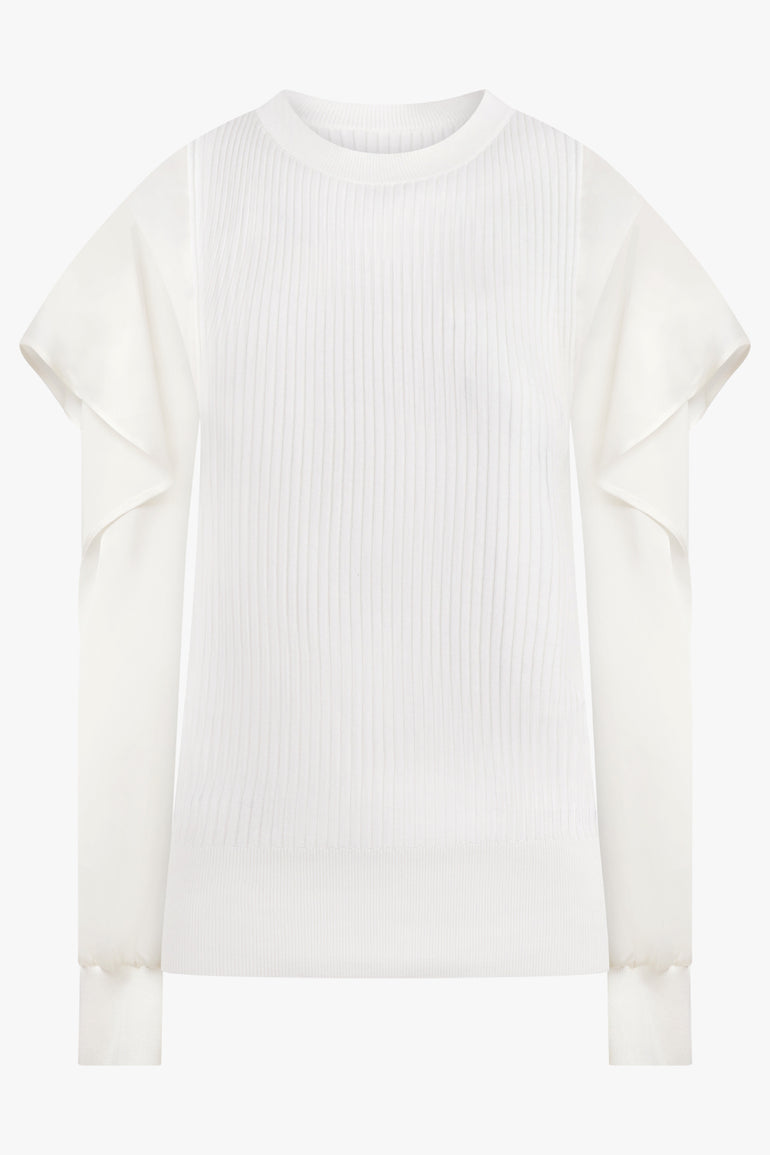 SACAI RTW L/S Silky X Knit Pullover With Tiered Flutter Sleeves | Off White