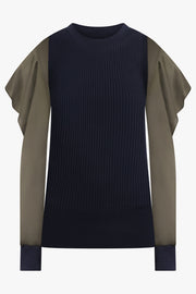 SACAI RTW L/S Silky X Knit Pullover With Tiered Flutter Sleeves | Navy/Khaki