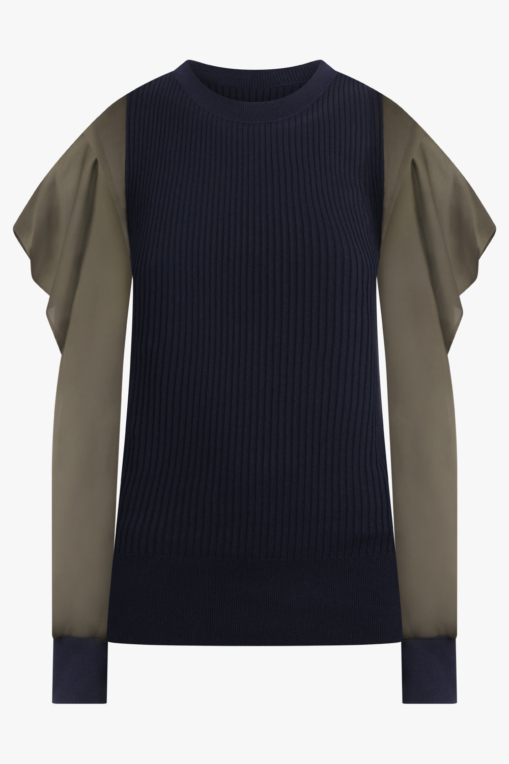 SACAI RTW L/S Silky X Knit Pullover With Tiered Flutter Sleeves | Navy/Khaki