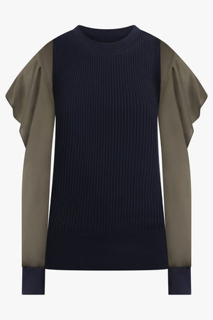 SACAI RTW L/S Silky X Knit Pullover With Tiered Flutter Sleeves | Navy/Khaki