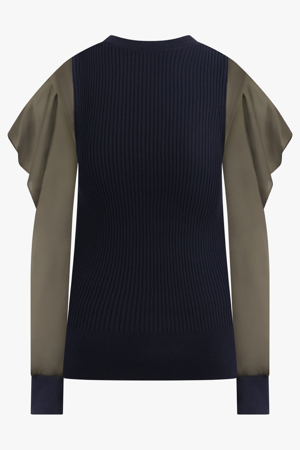 SACAI RTW L/S Silky X Knit Pullover With Tiered Flutter Sleeves | Navy/Khaki