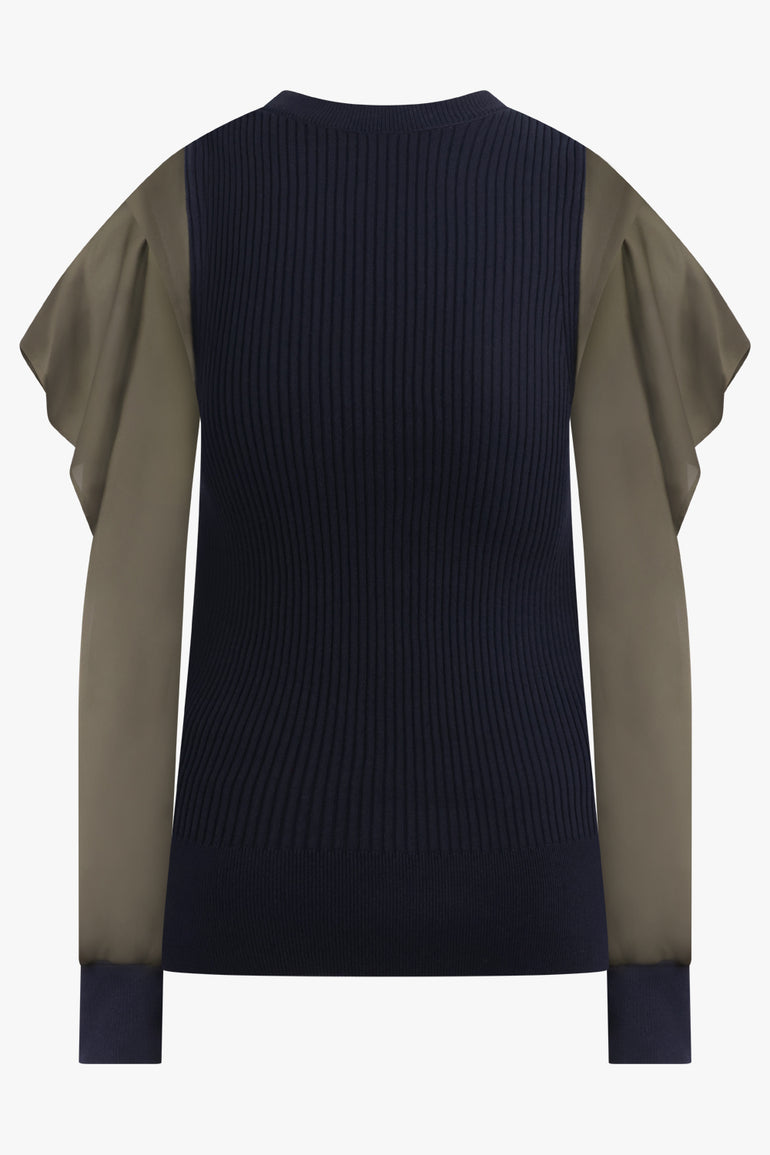 SACAI RTW L/S Silky X Knit Pullover With Tiered Flutter Sleeves | Navy/Khaki