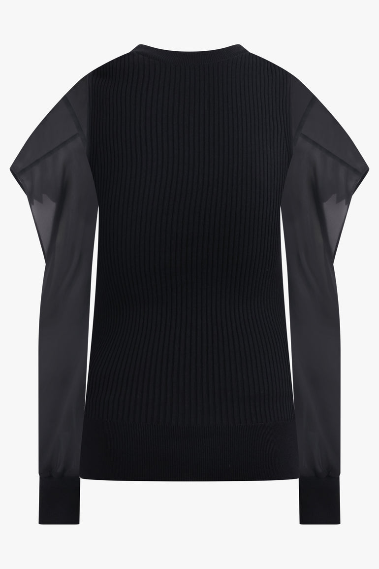 SACAI RTW L/S Silky X Knit Pullover With Tiered Flutter Sleeves | Black