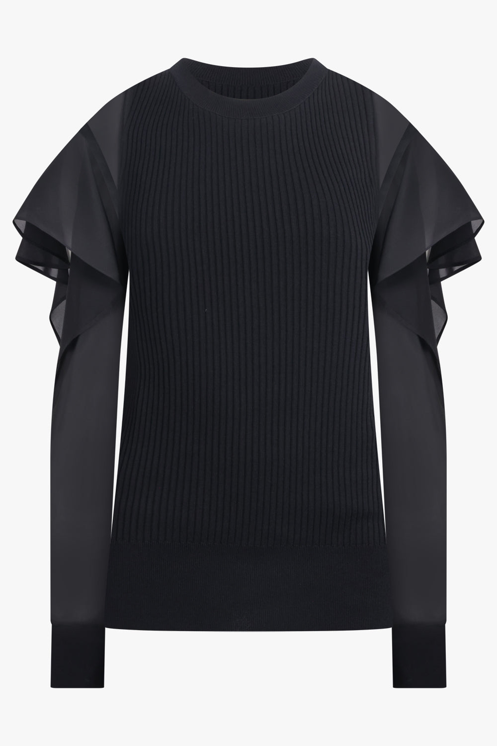SACAI RTW L/S Silky X Knit Pullover With Tiered Flutter Sleeves | Black