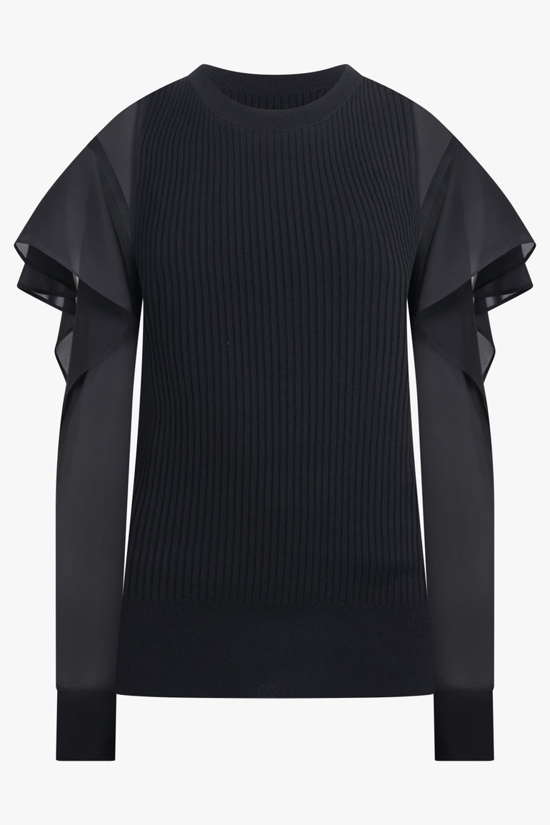 SACAI RTW L/S Silky X Knit Pullover With Tiered Flutter Sleeves | Black