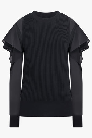 SACAI RTW L/S Silky X Knit Pullover With Tiered Flutter Sleeves | Black