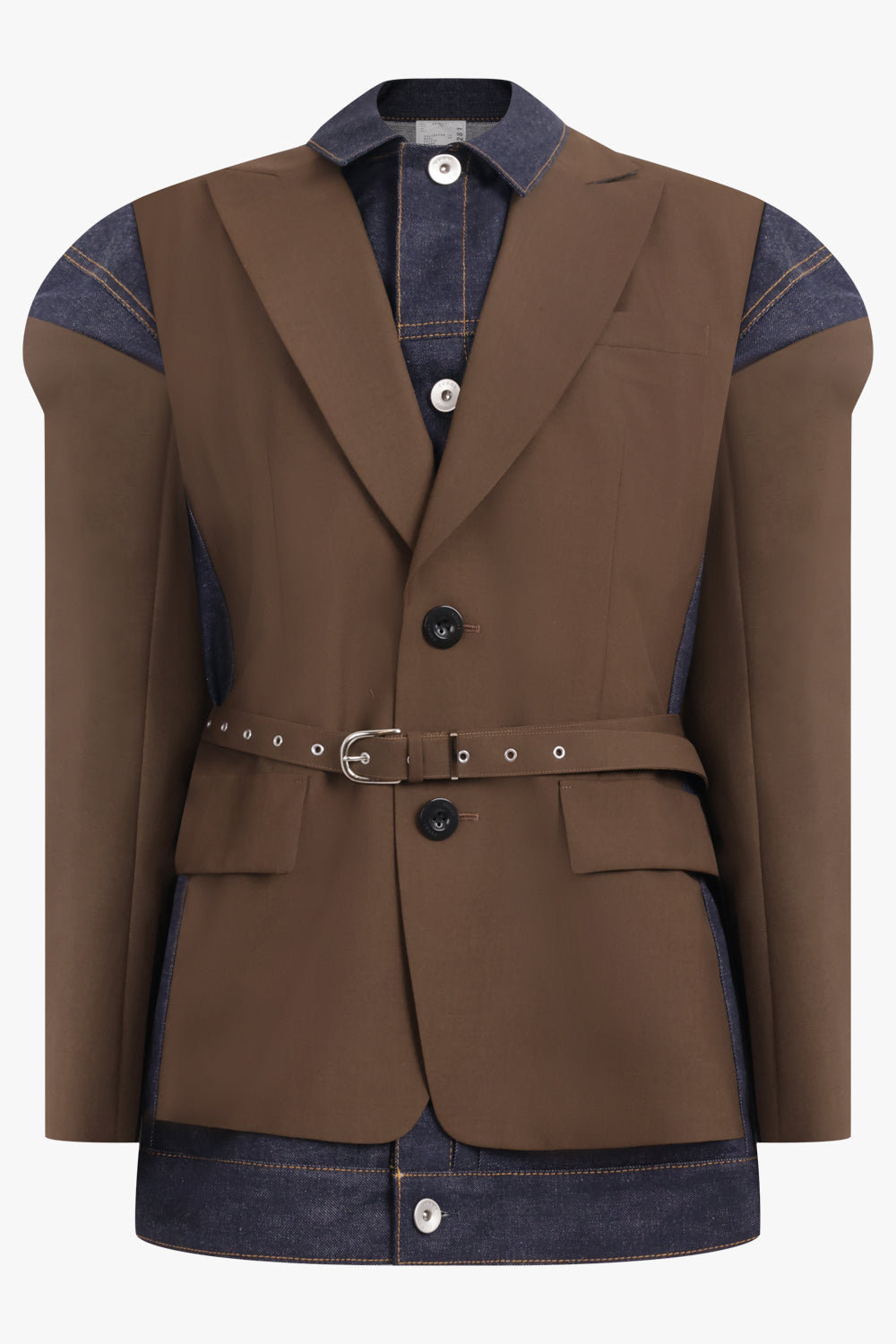 SACAI RTW Suiting X Denim Single Breast Belt Jacket | Brown/Indigo