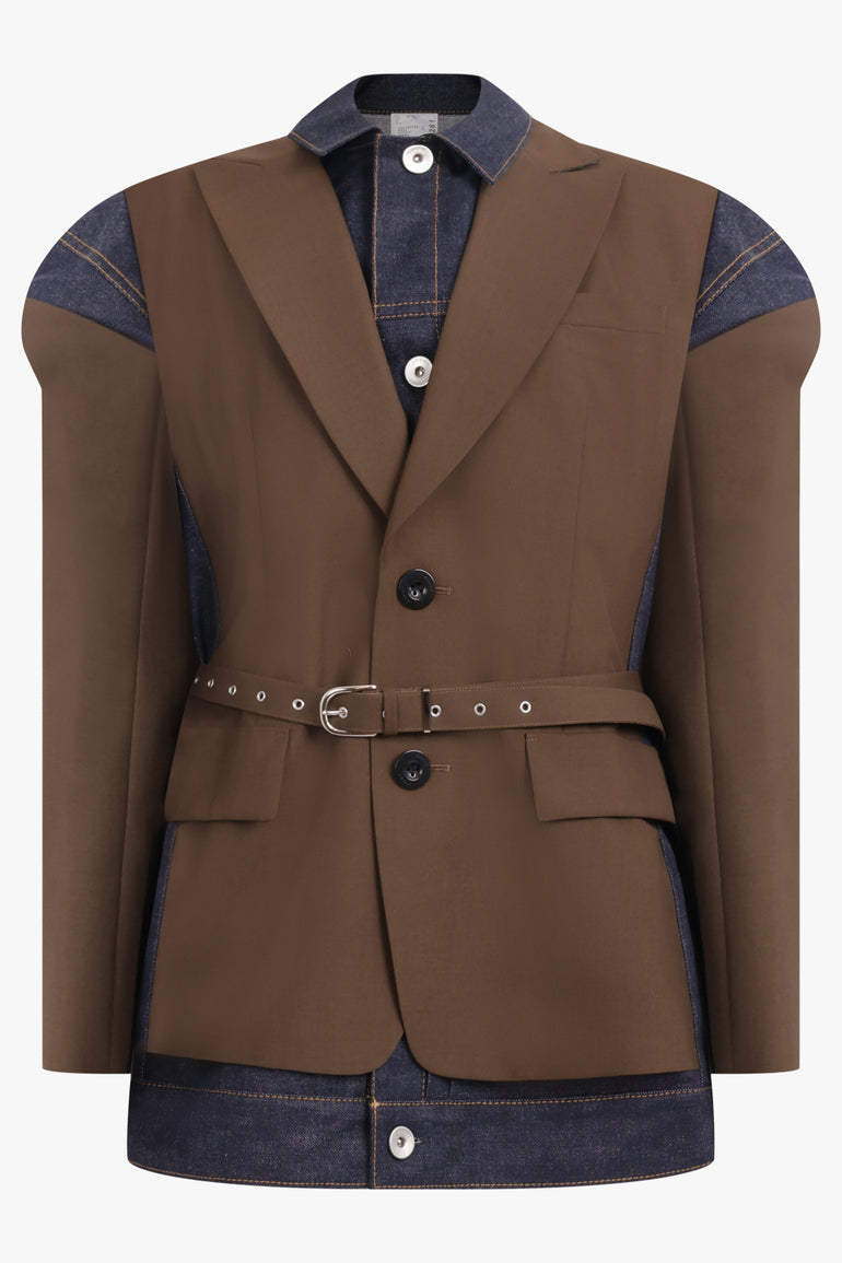 SACAI RTW Suiting X Denim Single Breast Belt Jacket | Brown/Indigo