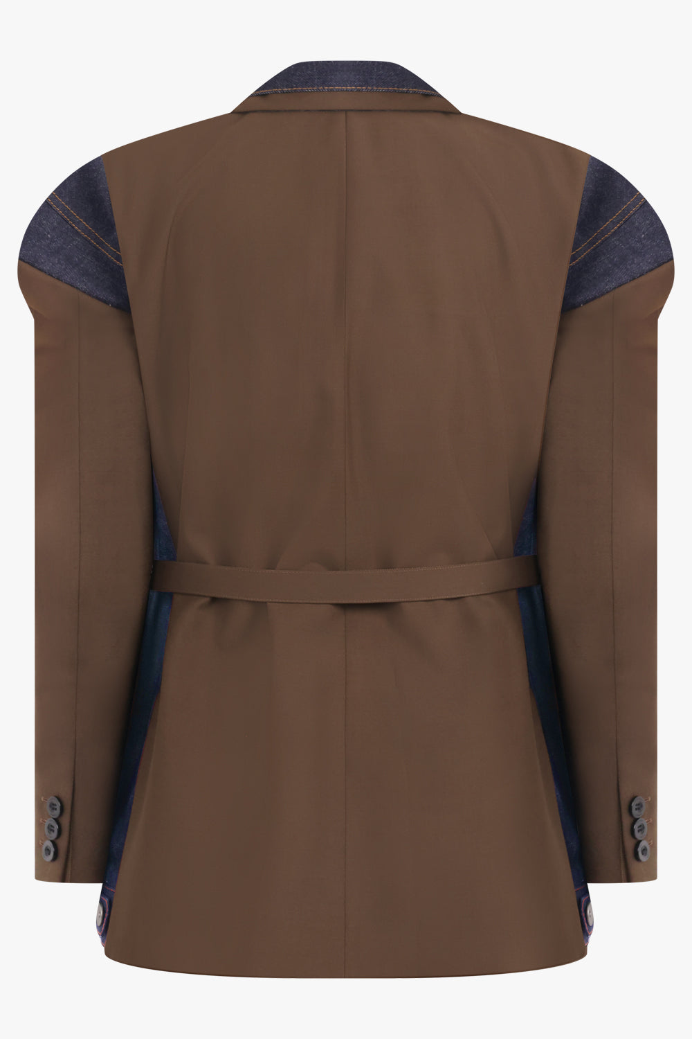 SACAI RTW Suiting X Denim Single Breast Belt Jacket | Brown/Indigo
