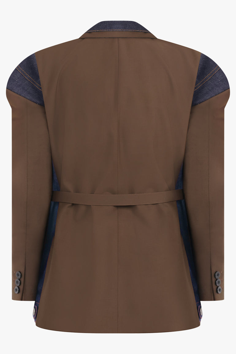SACAI RTW Suiting X Denim Single Breast Belt Jacket | Brown/Indigo