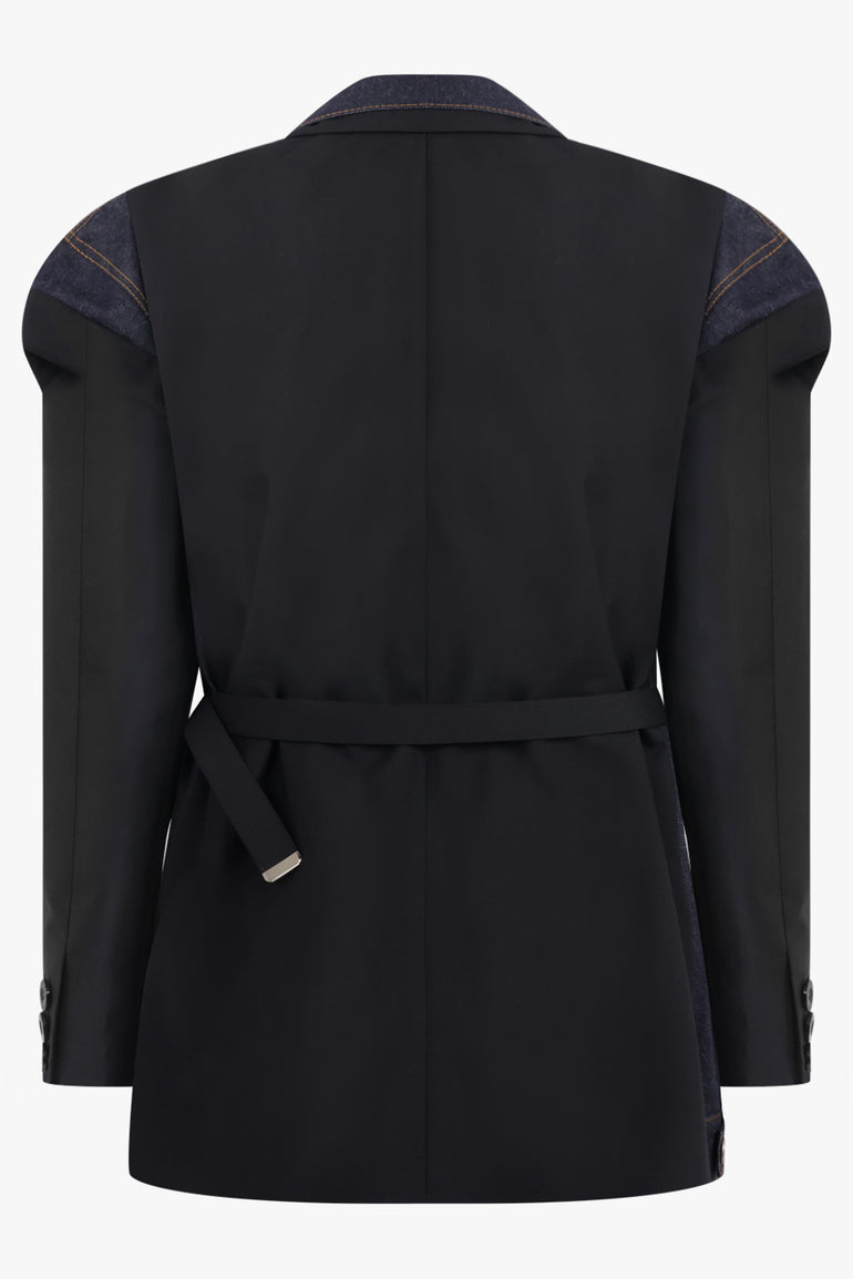SACAI RTW Suiting X Denim Single Breast Belt Jacket | Black/Indigo