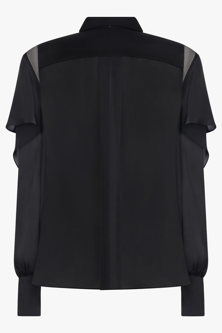 SACAI RTW L/S Silky Shirt With Tiered Flutter Sleeves | Black