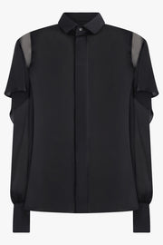 SACAI RTW L/S Silky Shirt With Tiered Flutter Sleeves | Black