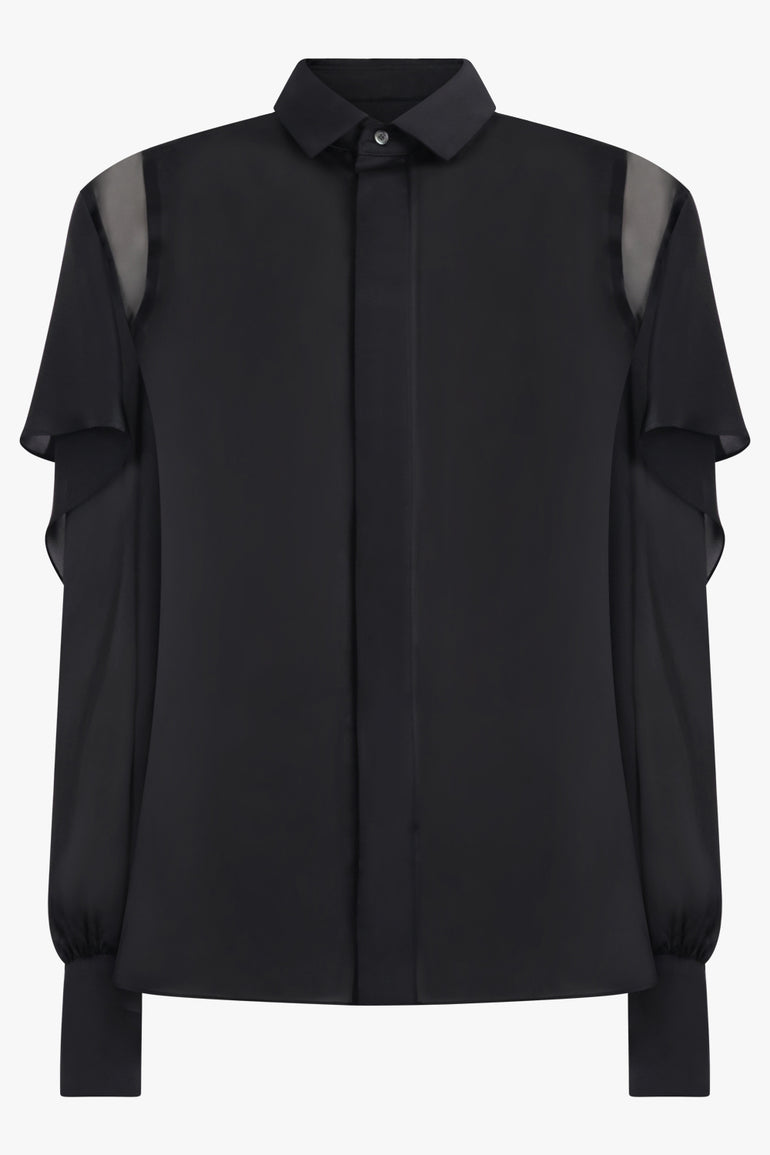SACAI RTW L/S Silky Shirt With Tiered Flutter Sleeves | Black