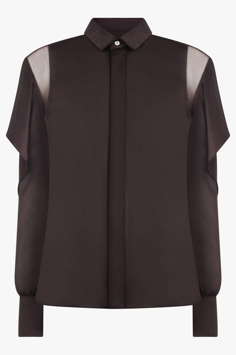 SACAI RTW L/S Silky Shirt With Tiered Flutter Sleeves | Brown