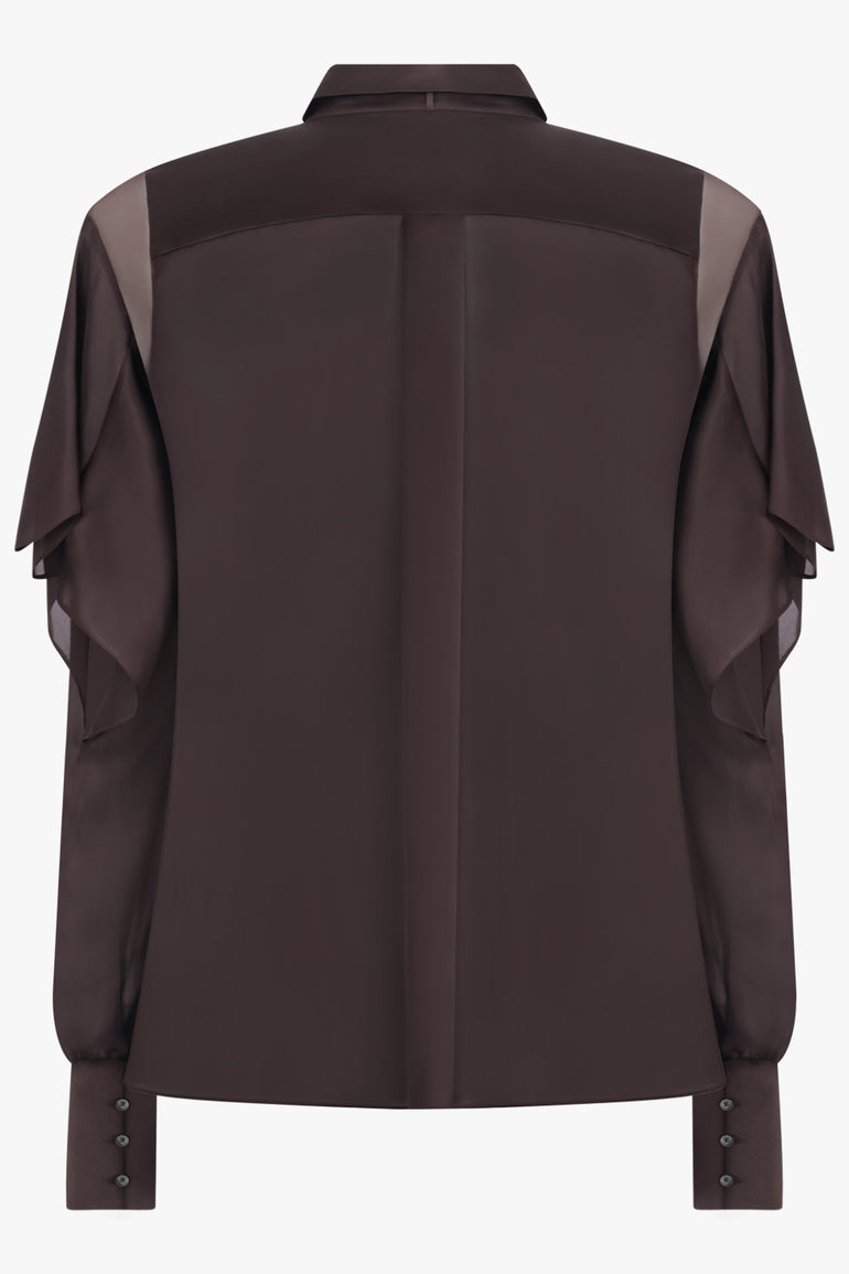 SACAI RTW L/S Silky Shirt With Tiered Flutter Sleeves | Brown