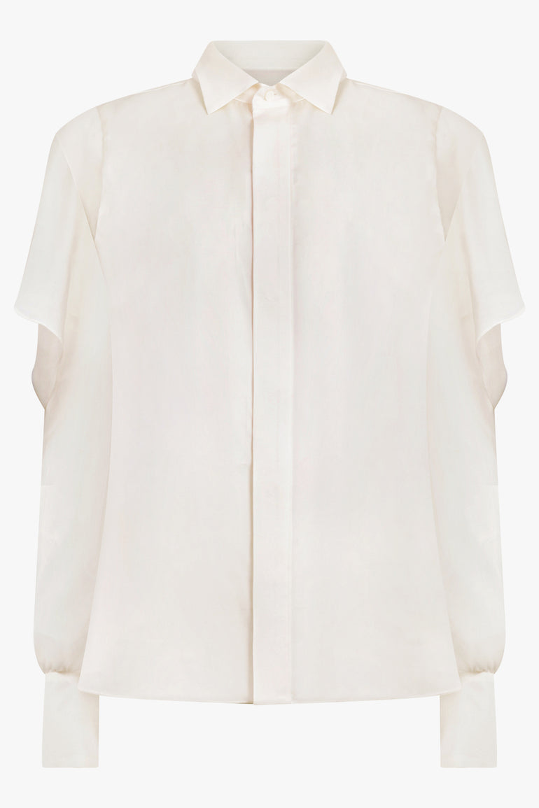 SACAI RTW L/S Silky Shirt With Tiered Flutter Sleeves | Ecru
