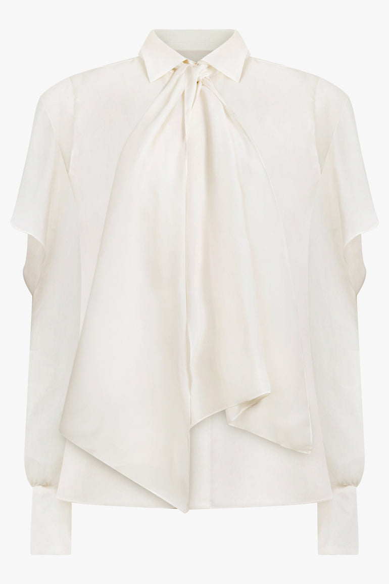 SACAI RTW L/S Silky Shirt With Tiered Flutter Sleeves | Ecru