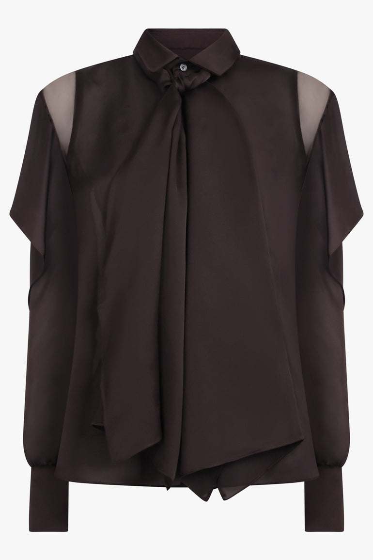 SACAI RTW L/S Silky Shirt With Tiered Flutter Sleeves | Brown