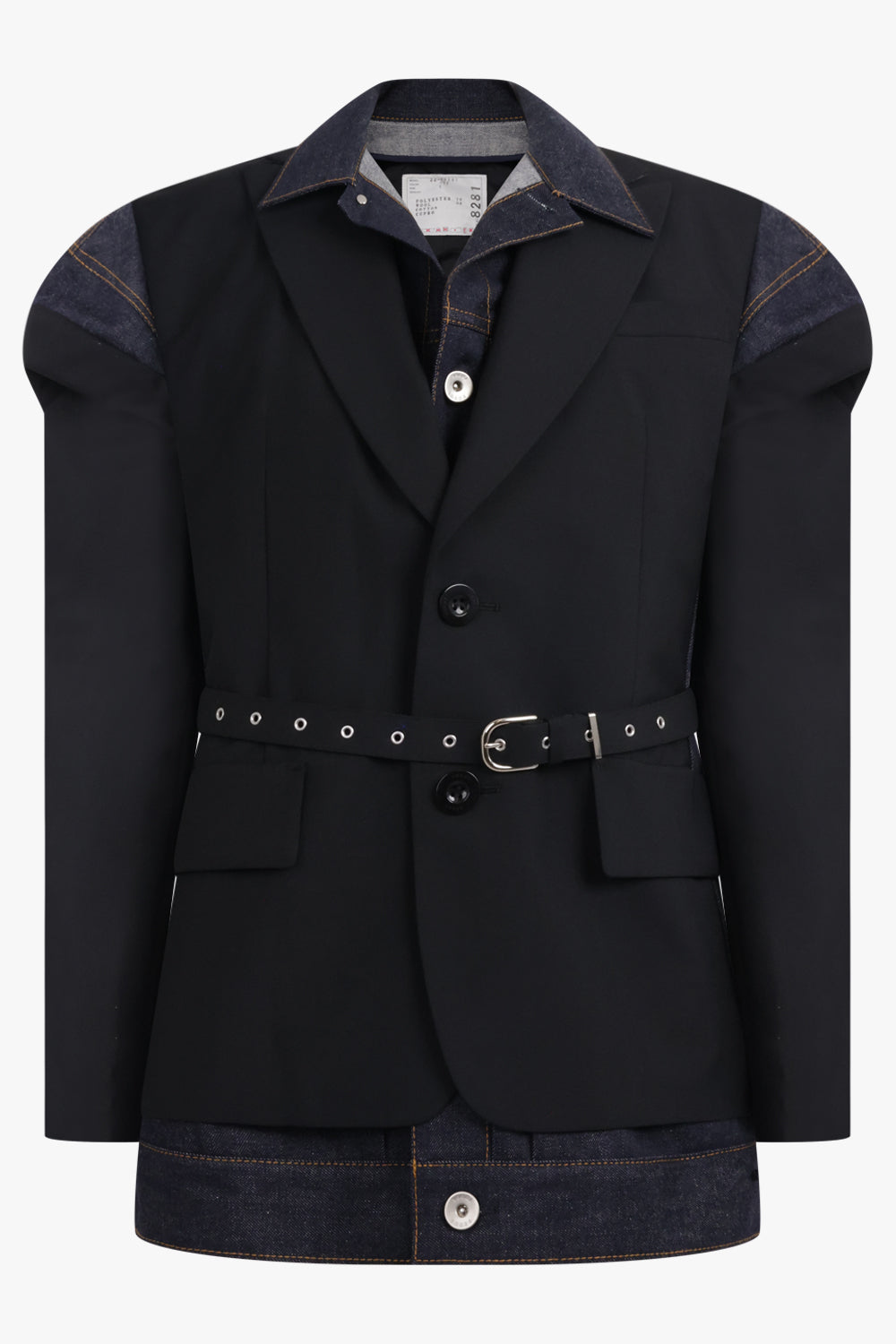 SACAI RTW Suiting X Denim Single Breast Belt Jacket | Black/Indigo