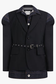 SACAI RTW Suiting X Denim Single Breast Belt Jacket | Black/Indigo