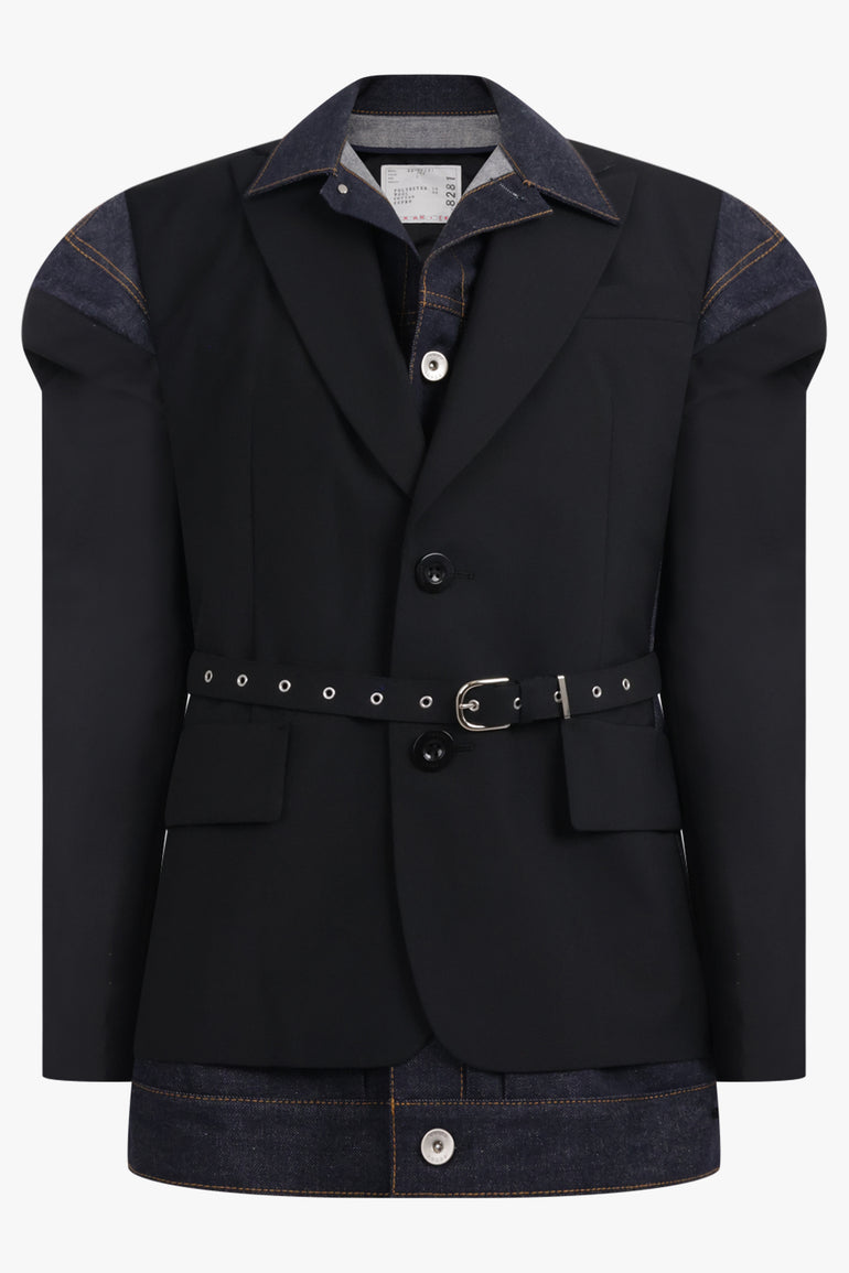 SACAI RTW Suiting X Denim Single Breast Belt Jacket | Black/Indigo