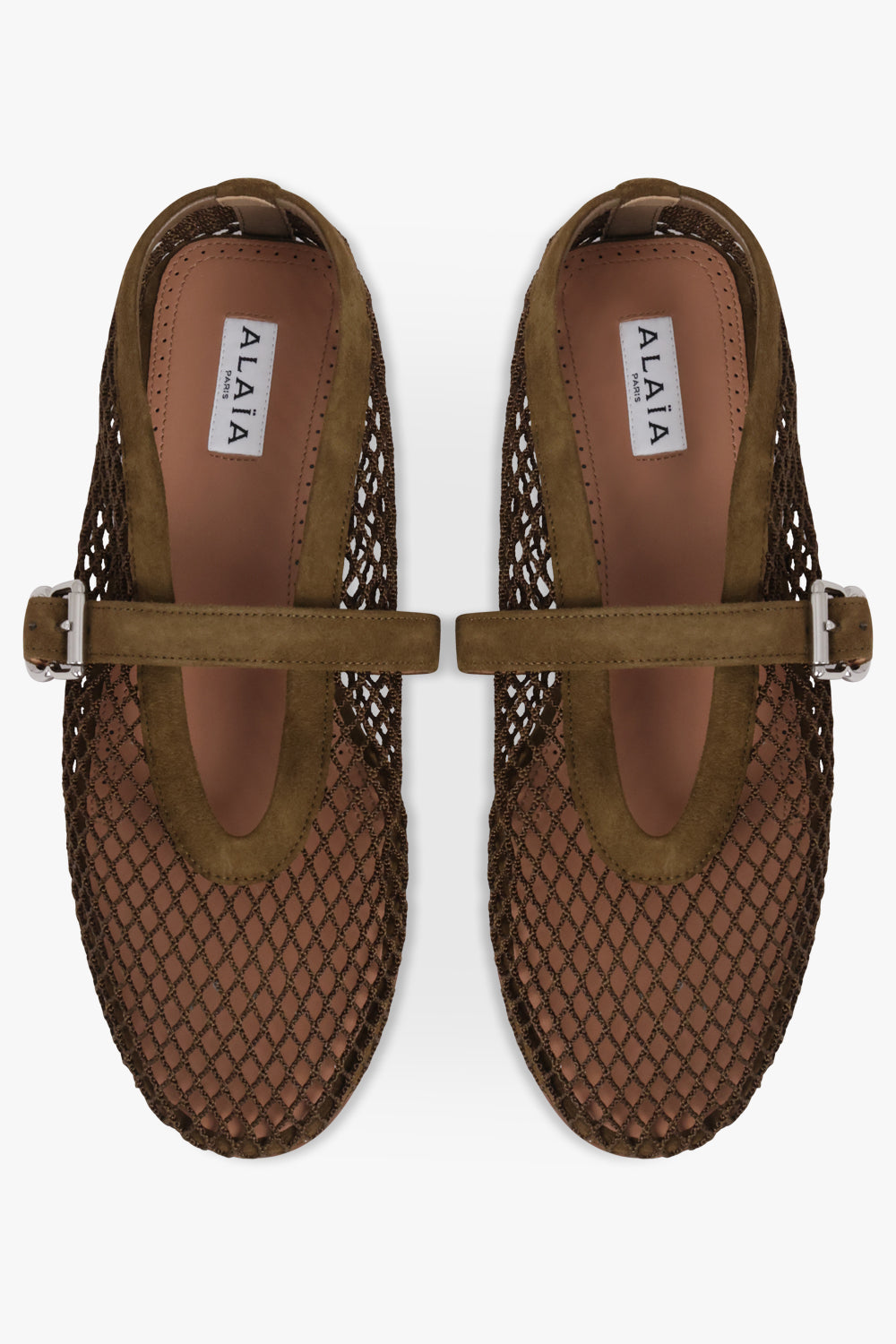 ALAIA SHOES Fishnet Mesh Suede Ballet Flat | Khaki