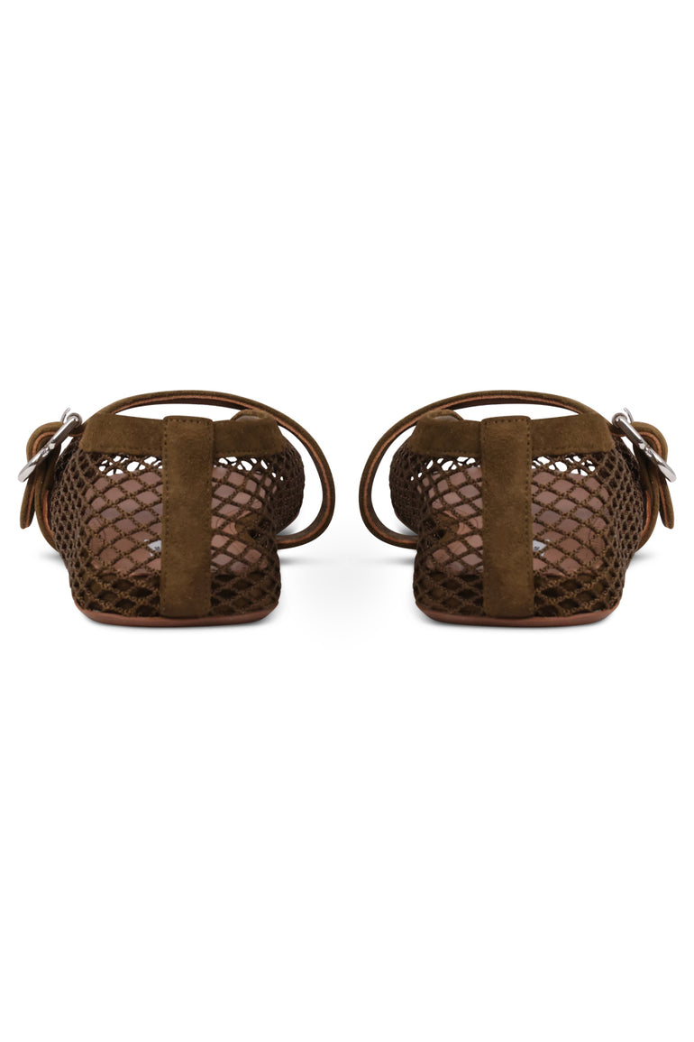 ALAIA SHOES Fishnet Mesh Suede Ballet Flat | Khaki
