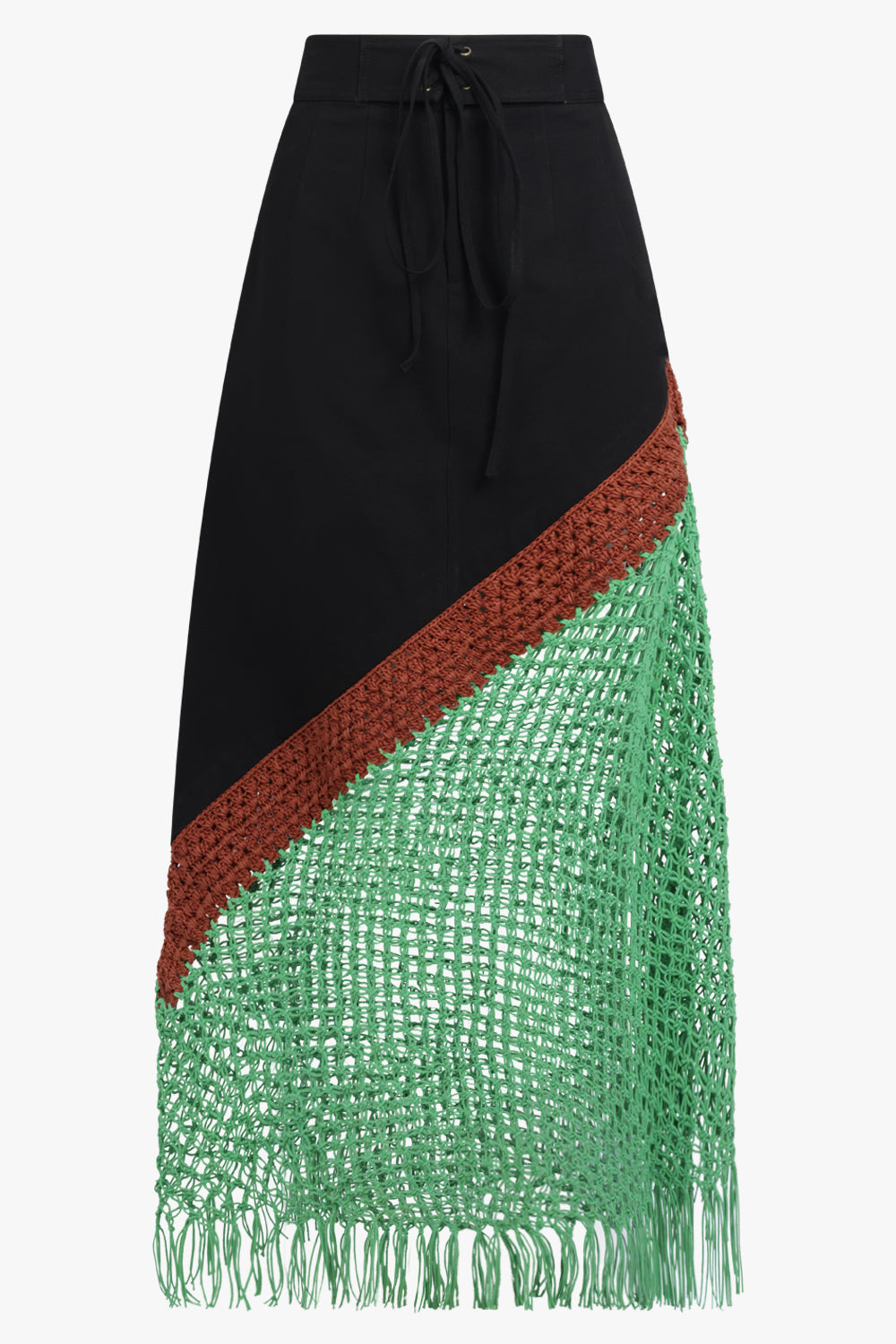 ROSIE ASSOULIN RTW Macrame Detail Midi Skirt | Black/Multi