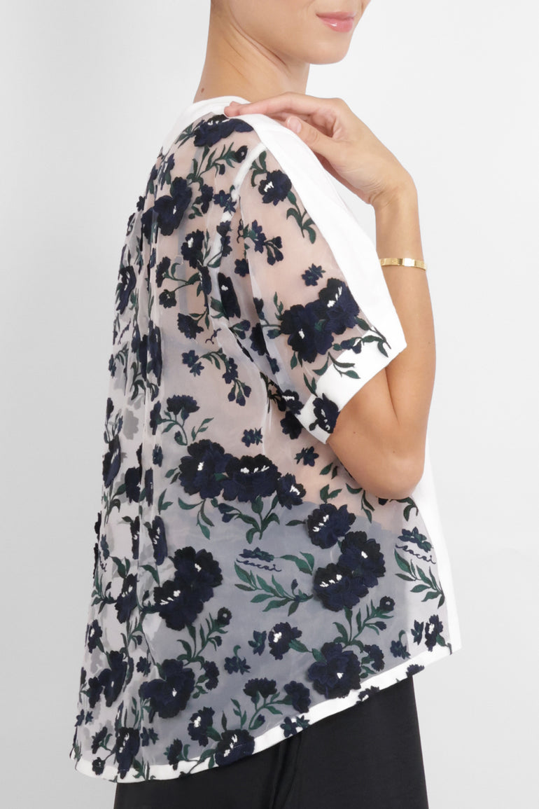 SACAI RTW Floral Embroidery Mesh Panel X Knit | White