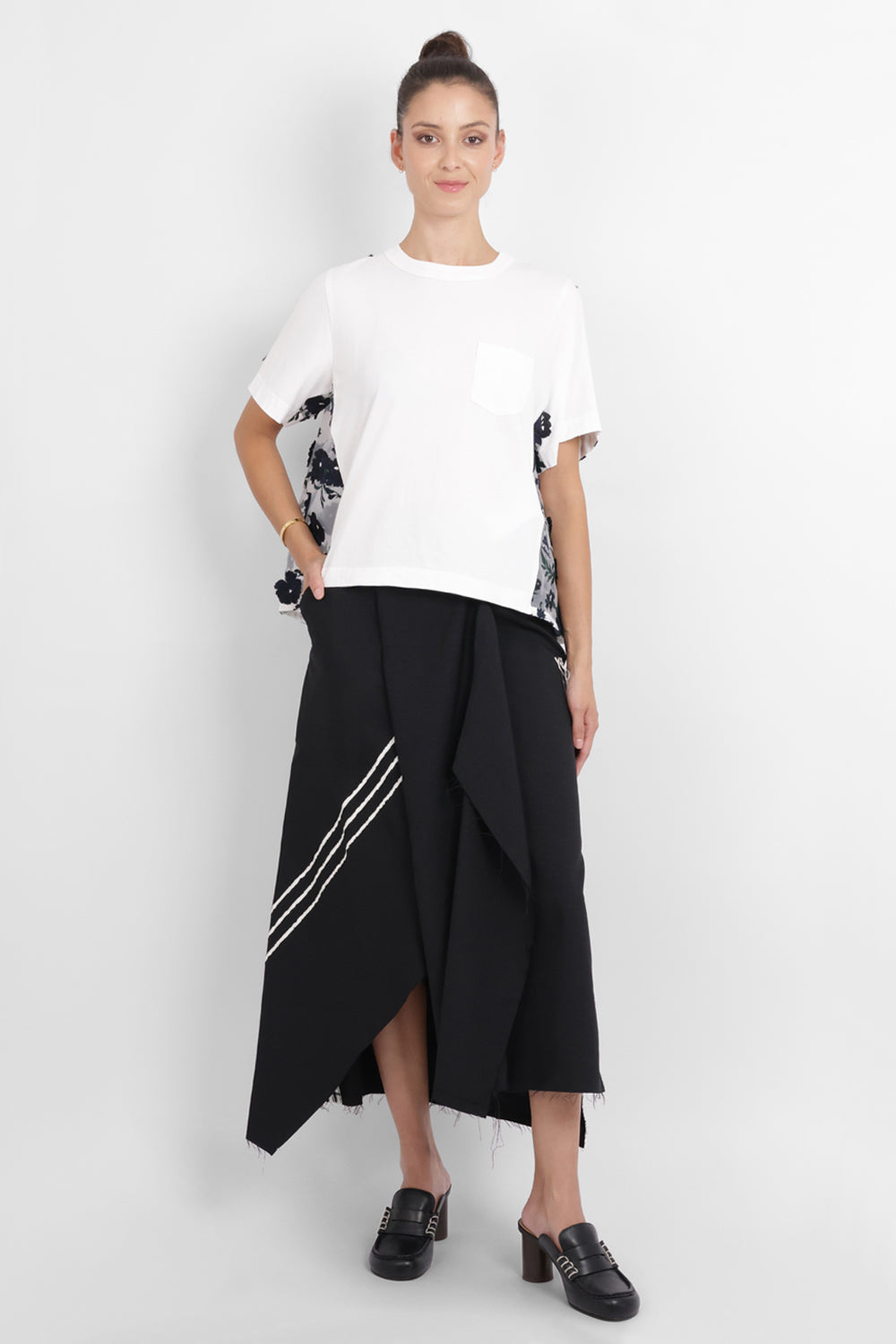 SACAI RTW Floral Embroidery Mesh Panel X Knit | White