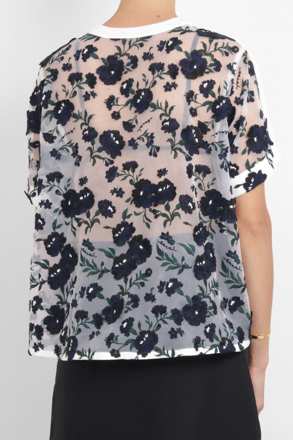 SACAI RTW Floral Embroidery Mesh Panel X Knit | White
