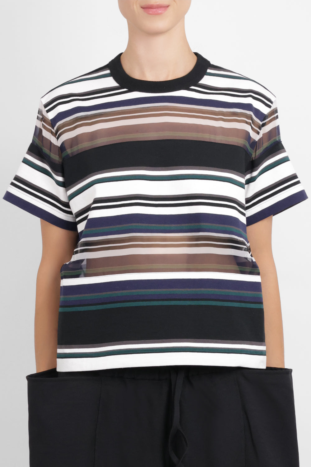 SACAI RTW Stripe X Sheer T-Shirt | Black/White/Blue