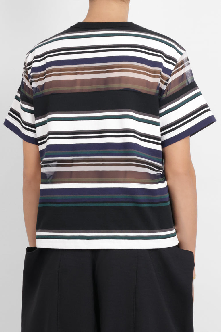 SACAI RTW Stripe X Sheer T-Shirt | Black/White/Blue