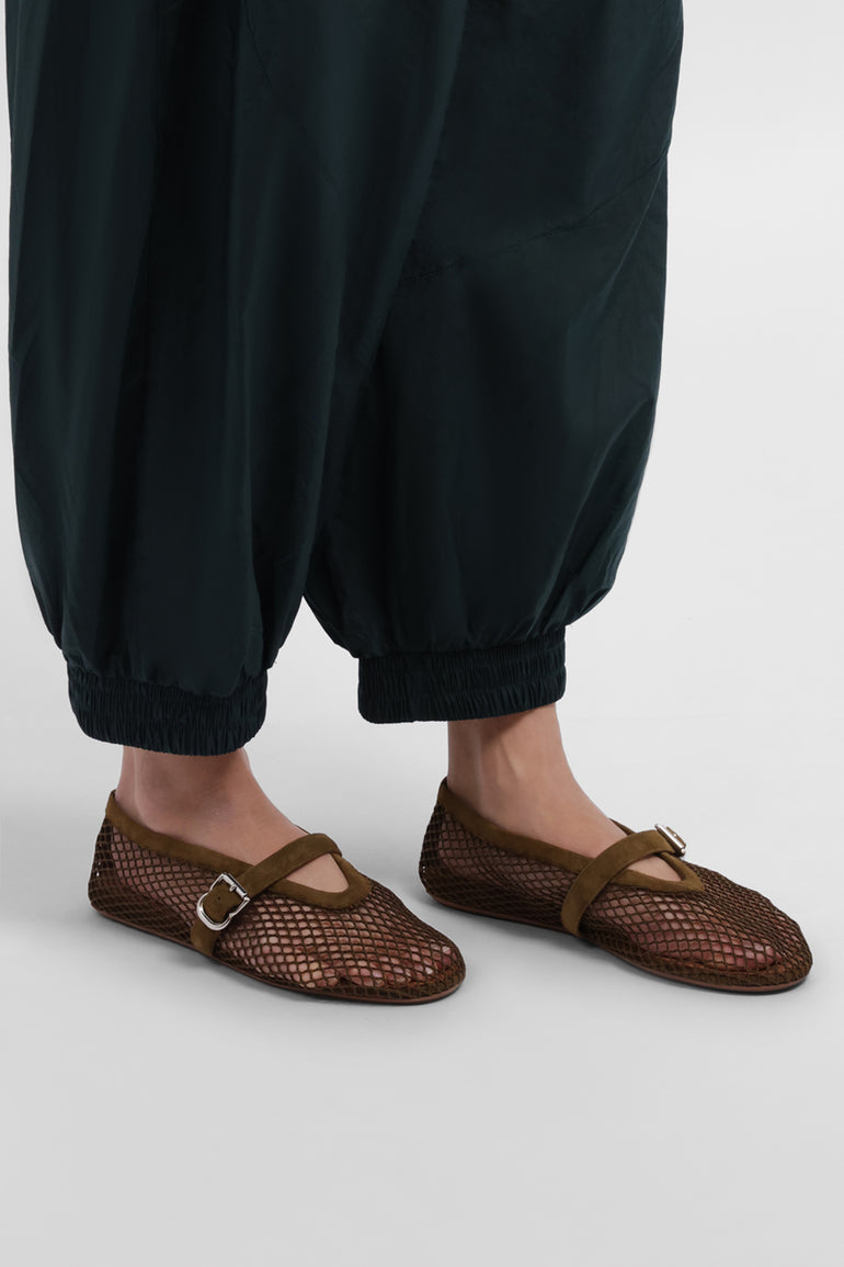 ALAIA SHOES Fishnet Mesh Suede Ballet Flat | Khaki