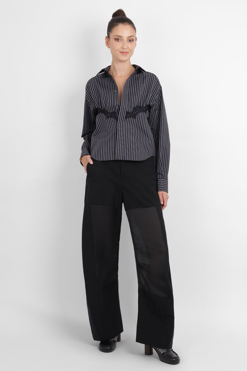 SACAI RTW Stripe Poplin Shirt with Lace Detail | Navy Stripe